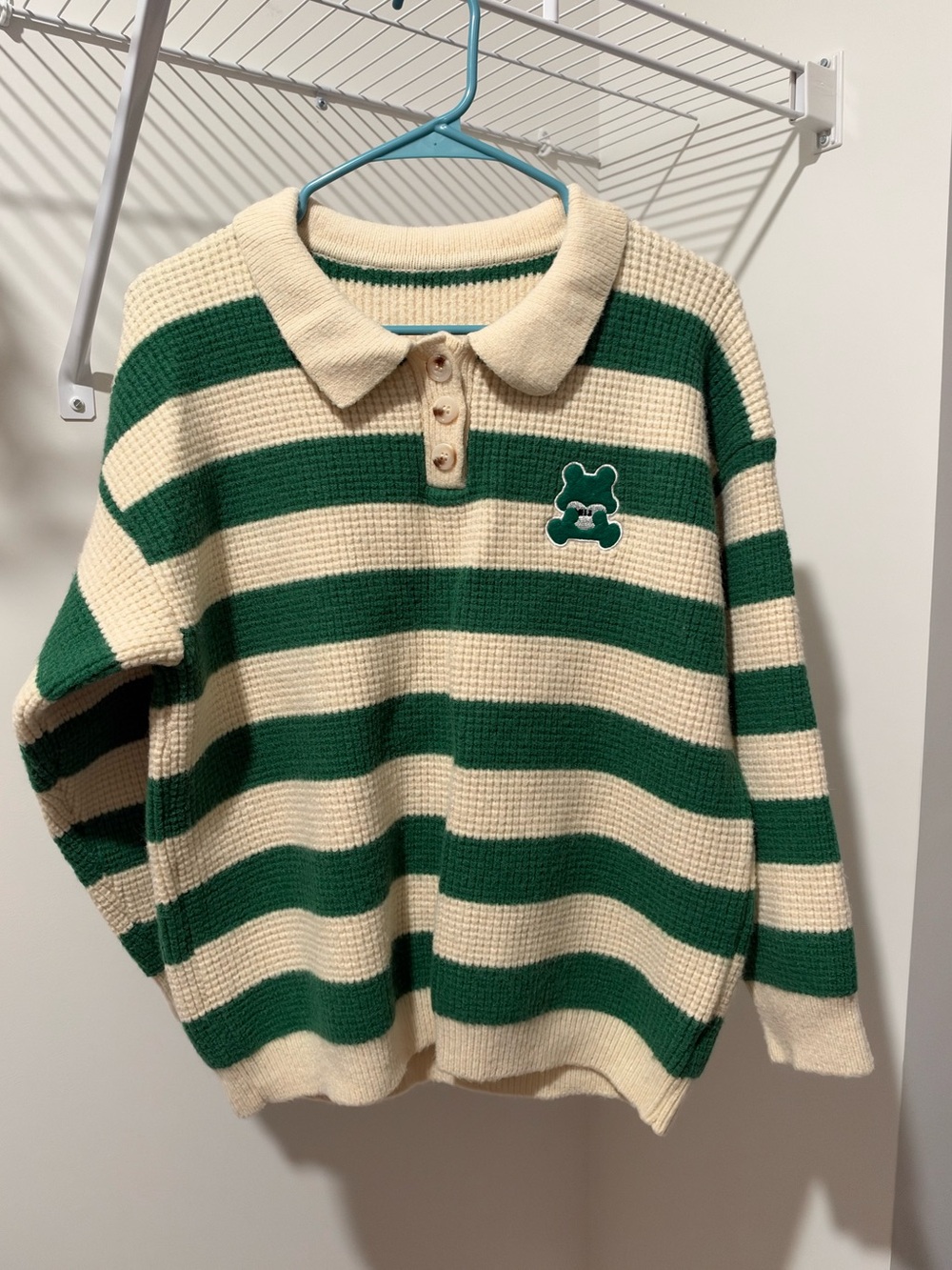 Green & Cream Striped Knit Polo Sweater